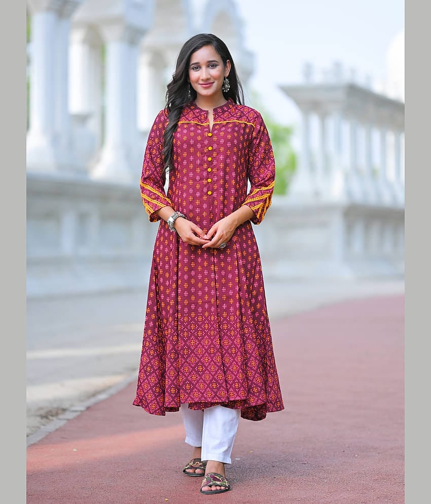 Yash Gallery Women Rayon Printed Anarkali Kurti ( Wine )