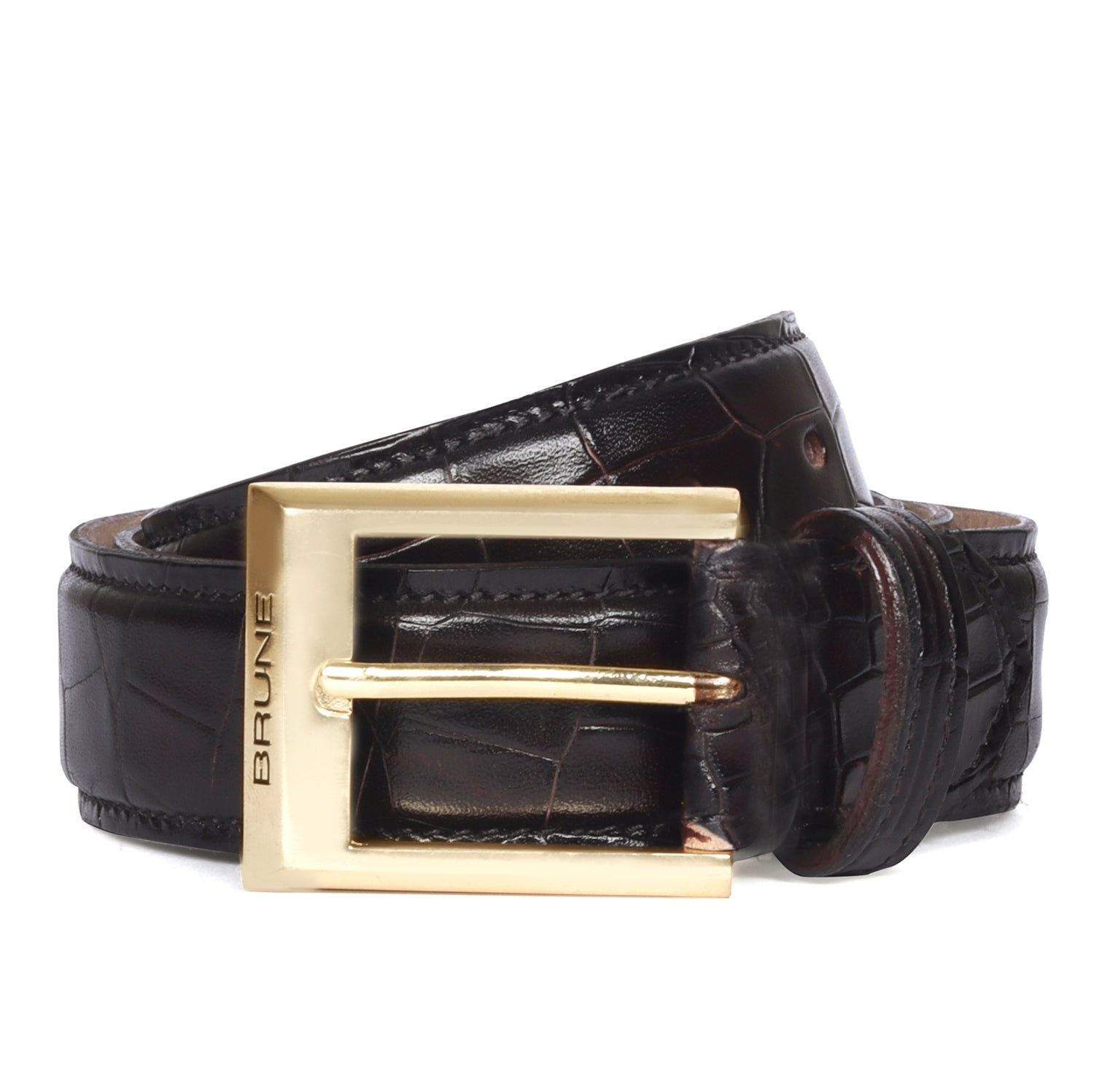 Golden Square Buckle Dark Brown Croco With Hand Painted Leather Formal Belt By Brune & Bareskin-32