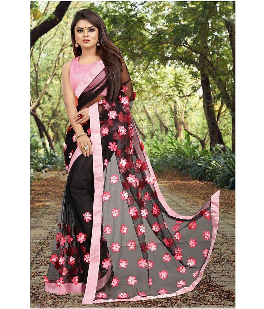 Gazal Fashions Net Applique Saree With Unstitched Blouse Piece ( Black )