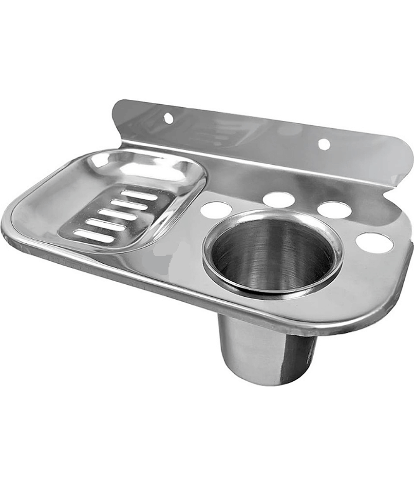 BATHONIX Stainless Steel 2 in 1 Round Multipurpose Single Soap Dish Tooth Brush Holder Home Bathroom Accessories Bathroom Wall Shelf (Pack of 1)