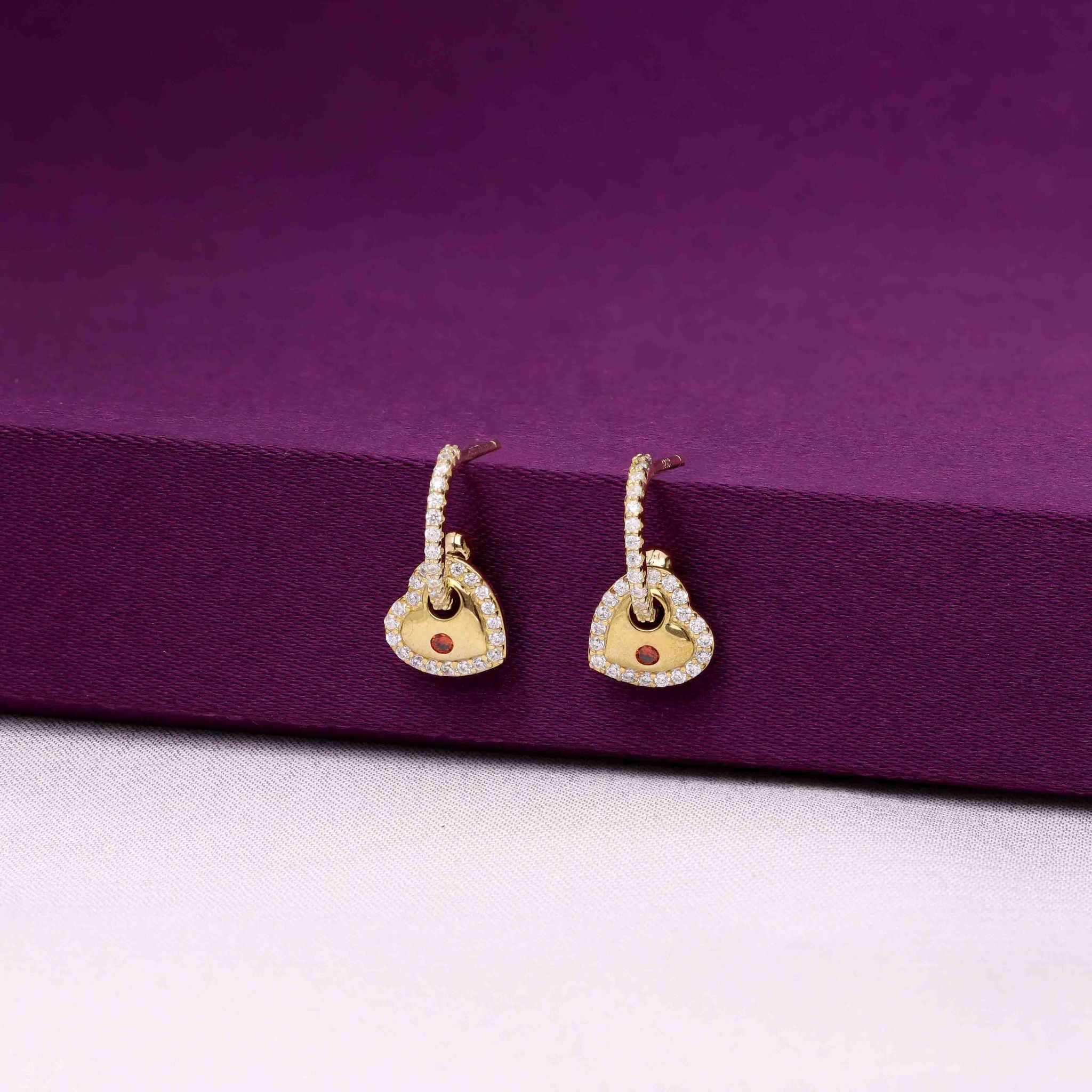 Sterling Gold Heart Drop Earrings-White Stone / Gold