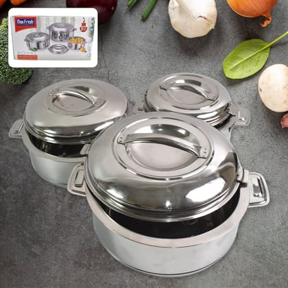 Royal Unique Hot Pot Stainless Steel Insulated Serving Casserole with Lid & Handle (3 pcs Set)
