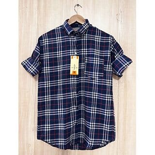 Fashlook Checkered Curved Collar Regular Fit Cotton Blend Casual Dark Blue Shirt For Mens