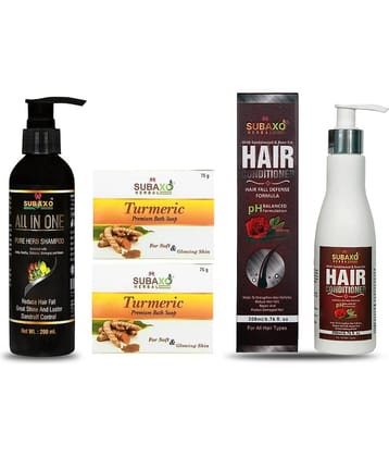 Ayurvedic All In One Pure Herb Shampoo | Prevents Hair Fall | 200 Ml & Haldi (Turmeric) Beauty Soap (2 pc) Each 75 G & Herbal Hair Conditioner | Strong & Silky Hair| 200 ml -Combo Pack For Women, Men, Girls & Boys
