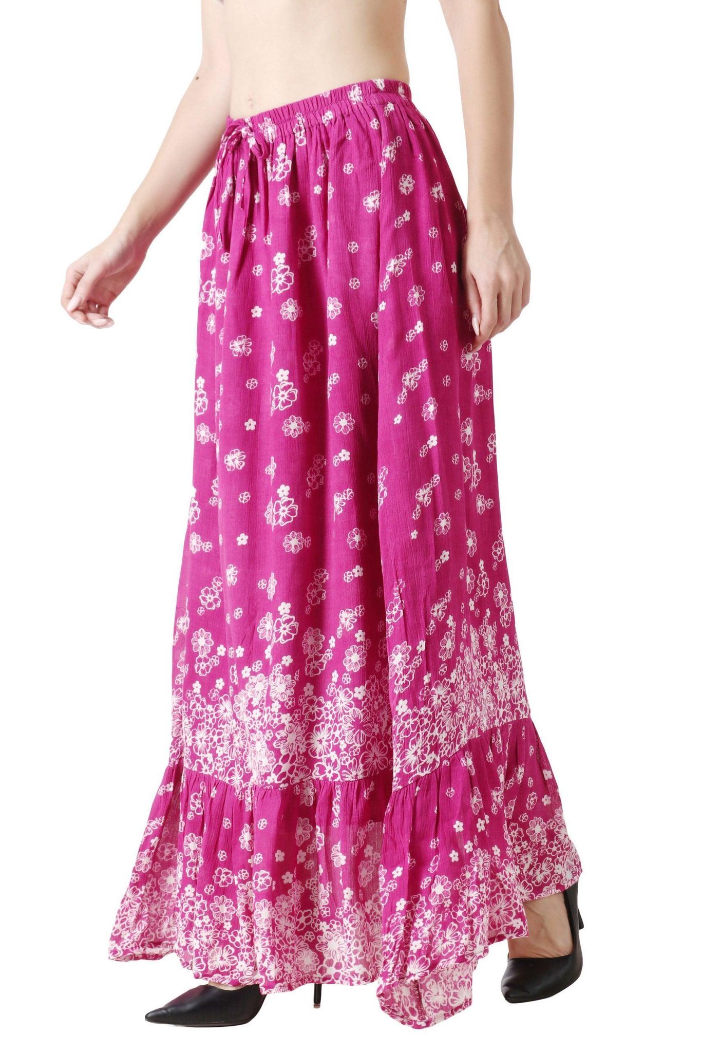 Pink Floral Border Printed Skirt-L / Pink