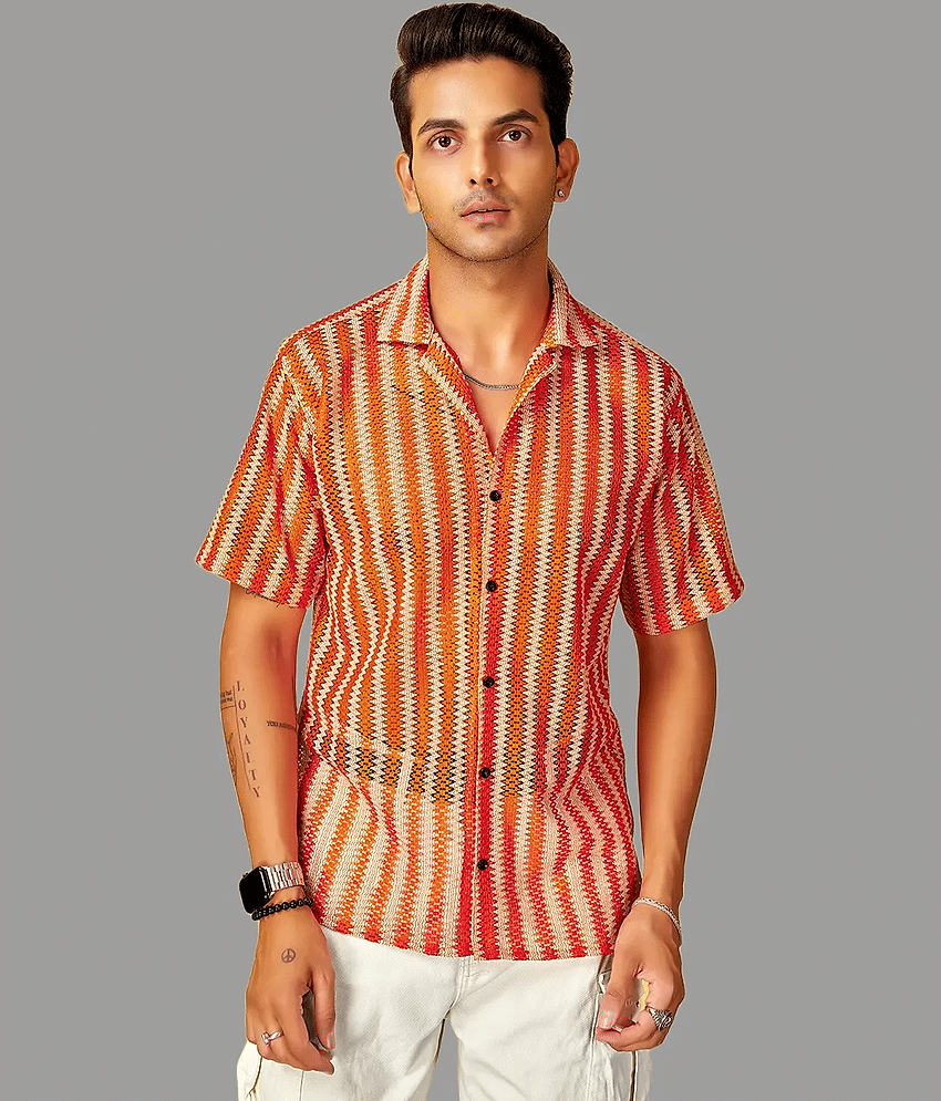 HARPITA Cotton Blend Oversized Fit Striped Half Sleeves Men's Casual Shirt - Orange ( Pack of 1 )