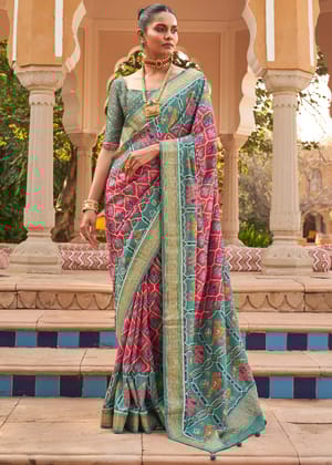 Aqua Blue And Pink Printed Patola Silk Saree
