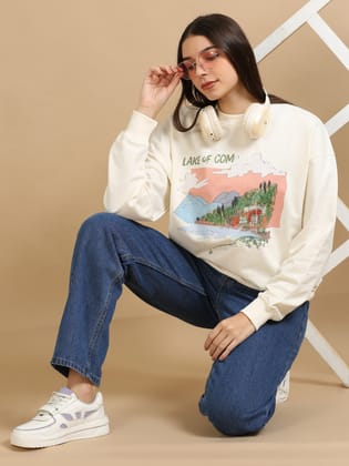 Women Printed Oversized Sweatshirt Pure Cotton Full Sleeve Off White-XS