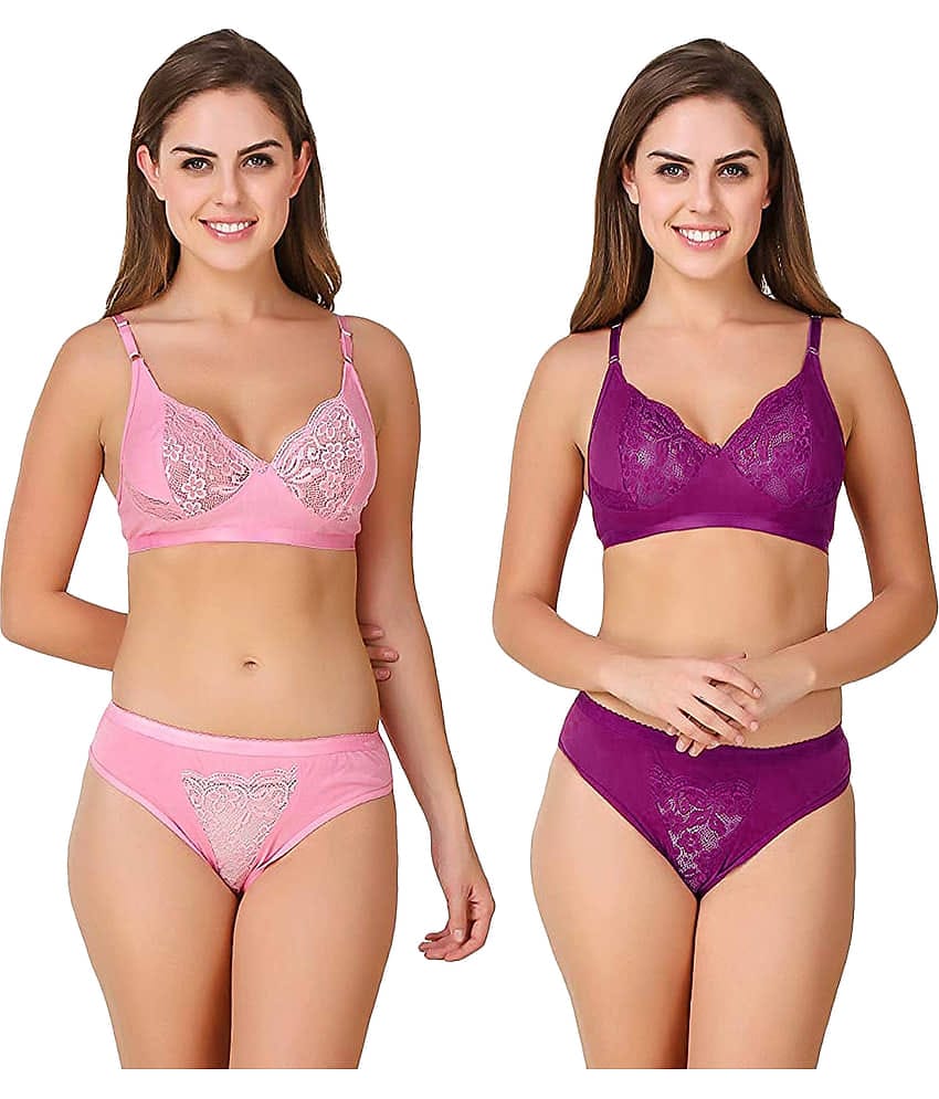 TCG Pack of 2 Cotton Lycra Women's Bra & Panty Set ( Multi Color )
