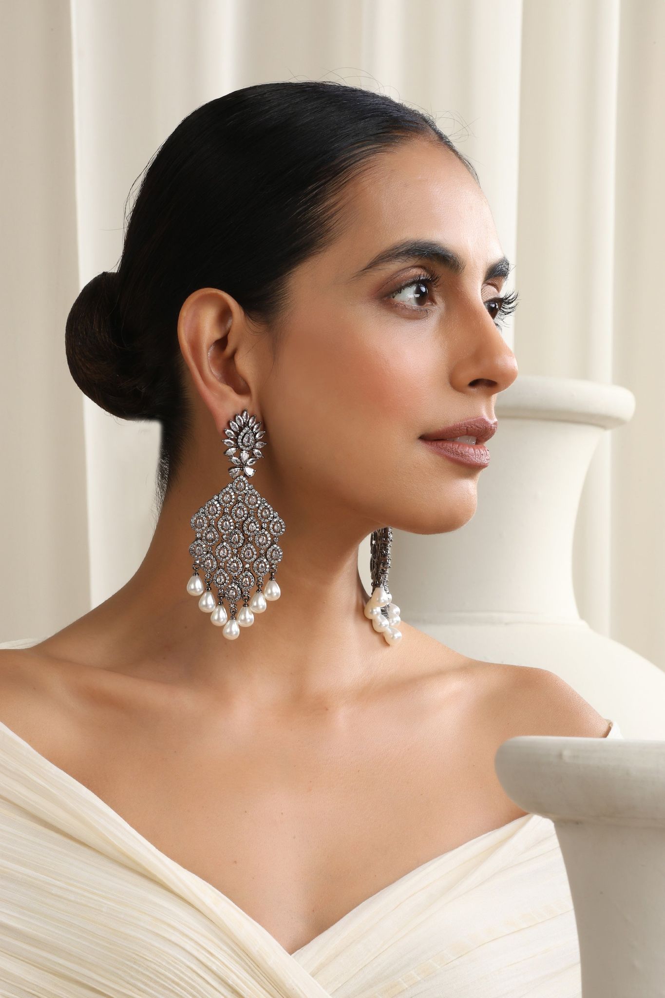 Ashley Silver Zirconia and Pearl Dangler Earrings-Polki