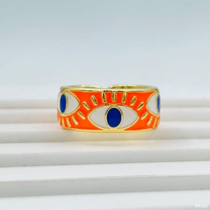 Gold Enamel Orange White Evil Eye Copper Free Size Adjustable Band Ring For Women-Orange