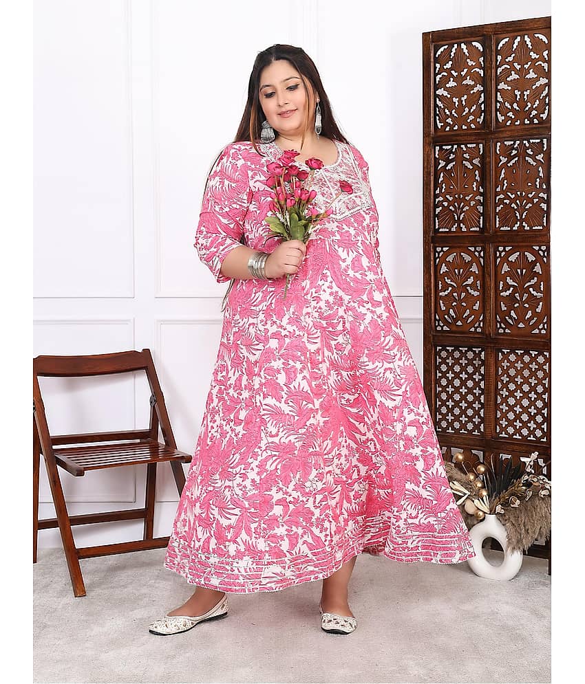 Label Flavia Women Cotton Printed Anarkali Kurti ( Pink )
