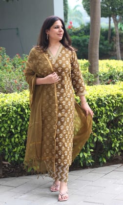 Cotton Earthy Brown Block Printed Suit Set with Kota Doria Dupatta-XXS