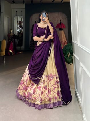 Green Silk Printed Lace work Lehenga Choli Set-Purple / Free Size