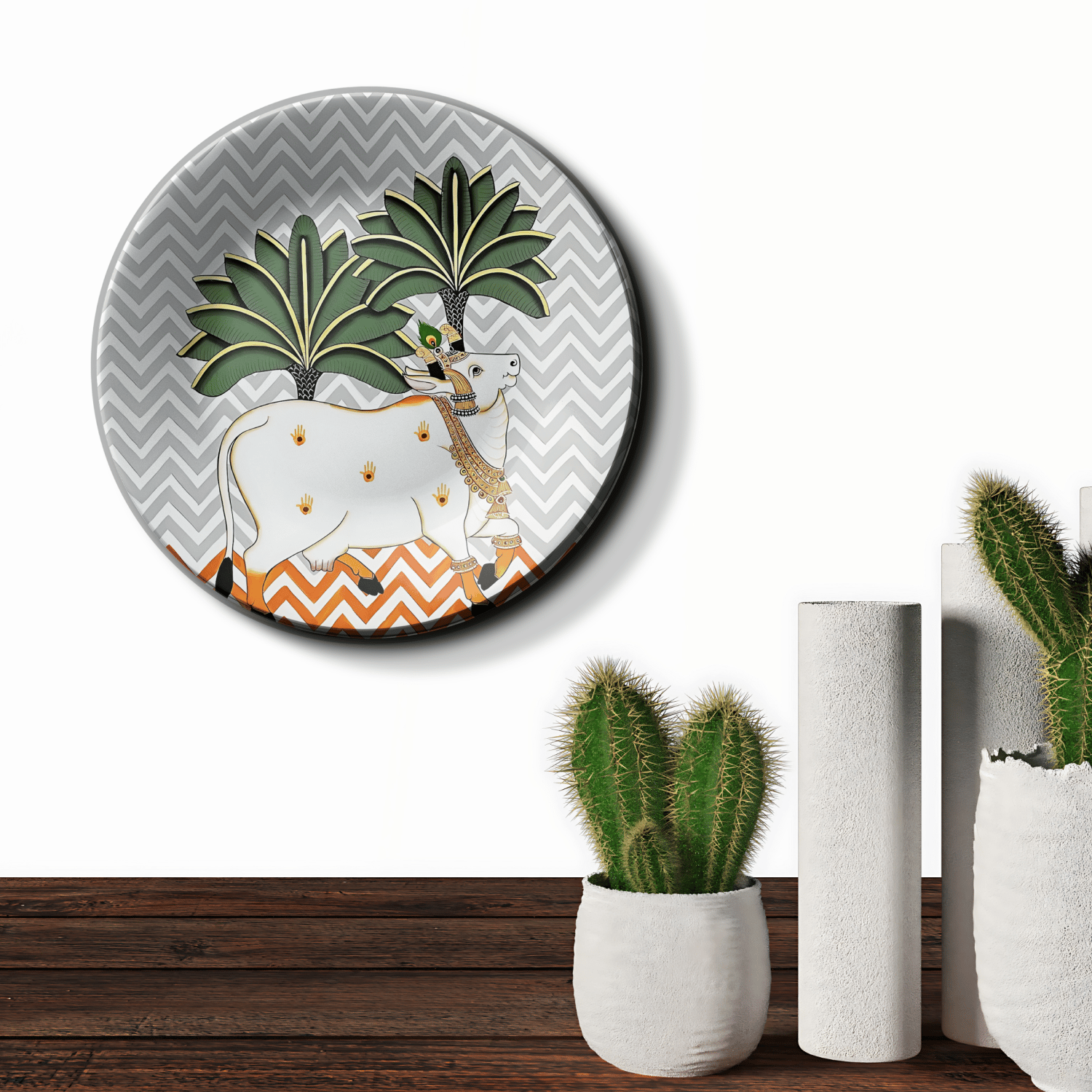 Pichwai Sacred Cows Ceramic Wall Plate Home Décor-8 Inches