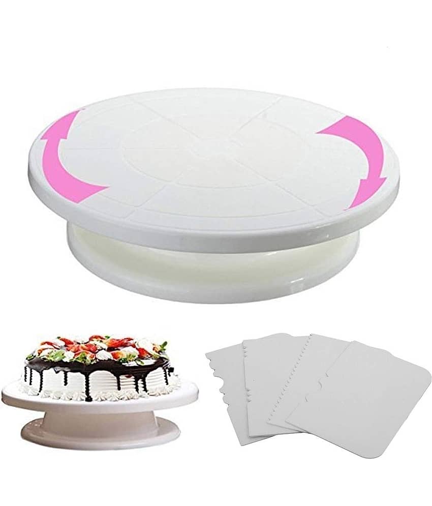 EBLIFI Combo Set of Plastic Revolving Turn Table Cake Stand with 4 Cake Decorating Scrapper , White