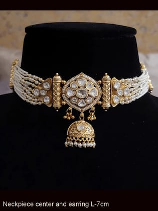 Kundan center tukdi with half jhoomki hanging coloured stones set and cheed string sides-White