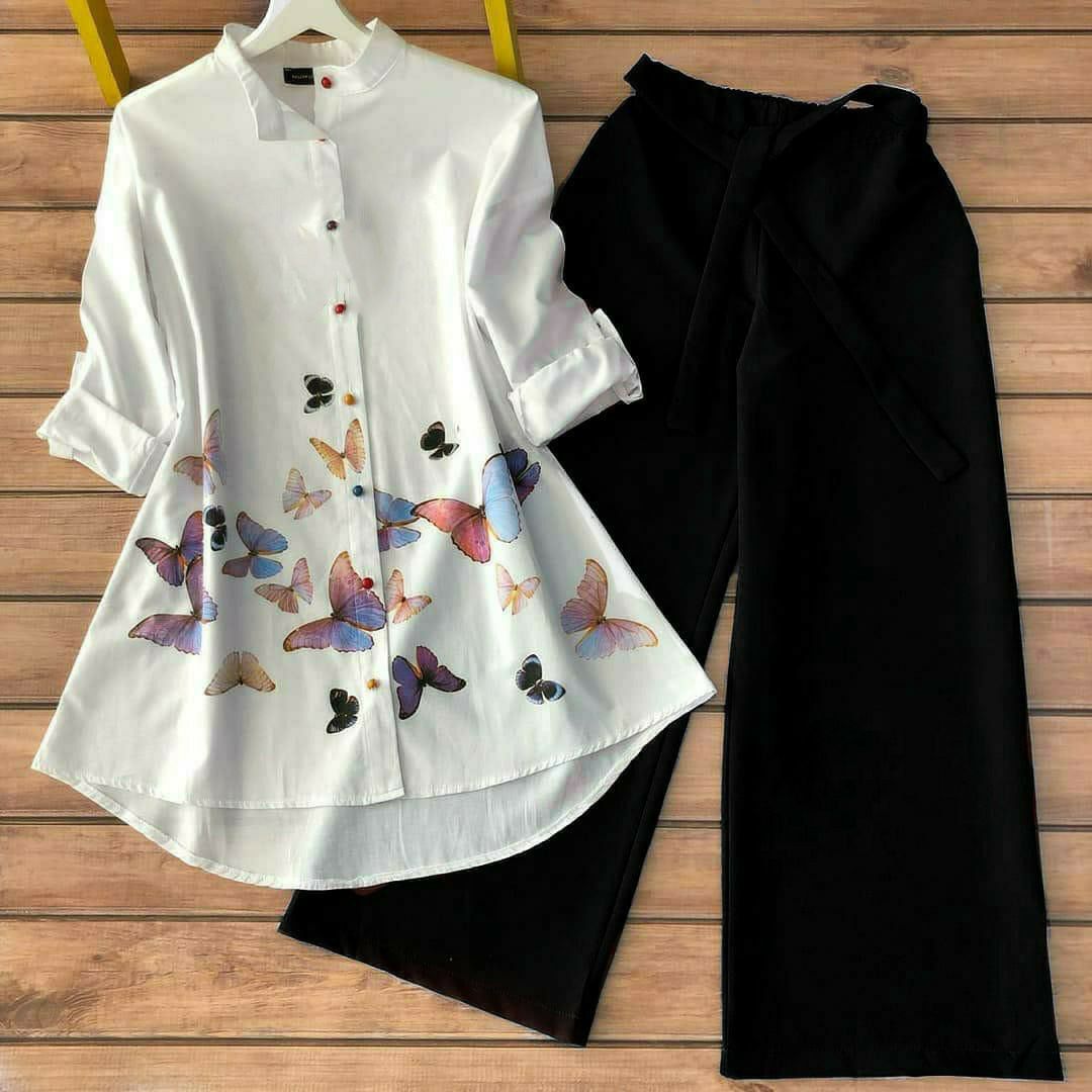 Vibrant Butterfly Print Tunic Shirt with Black Palazzo by Glamastitch-M / Black Palazzo