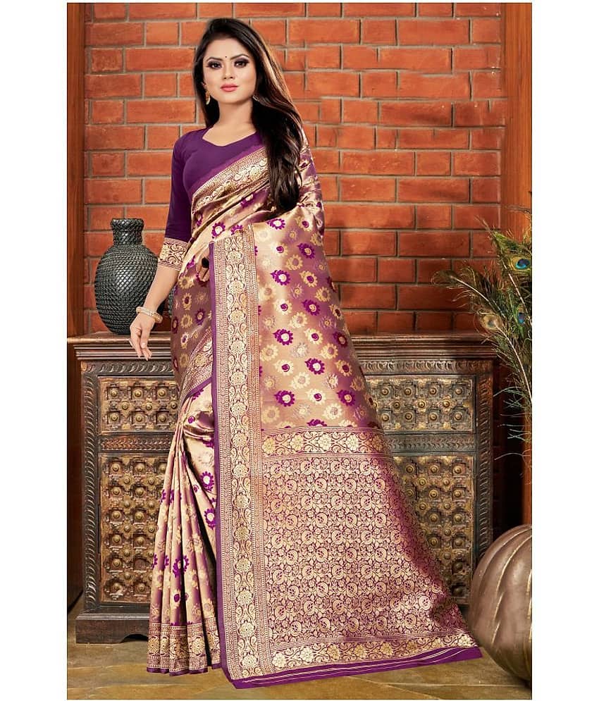 Gazal Fashions Banarasi Silk Printed Saree With Unstitched Blouse Piece ( Gold )