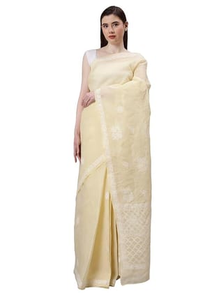 Hand Embroidered Lucknowi Chikankari Beige Terivoil Cotton Saree with Blouse Piece for Women