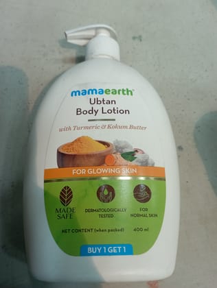Mamaearth  Ubtan Body lotion With turmeric & kokum butter For glowing skin Bd Made dermatologically Safe Tested Net content (when packed) Buy 1 get 1 For Normal skin 400 ml 