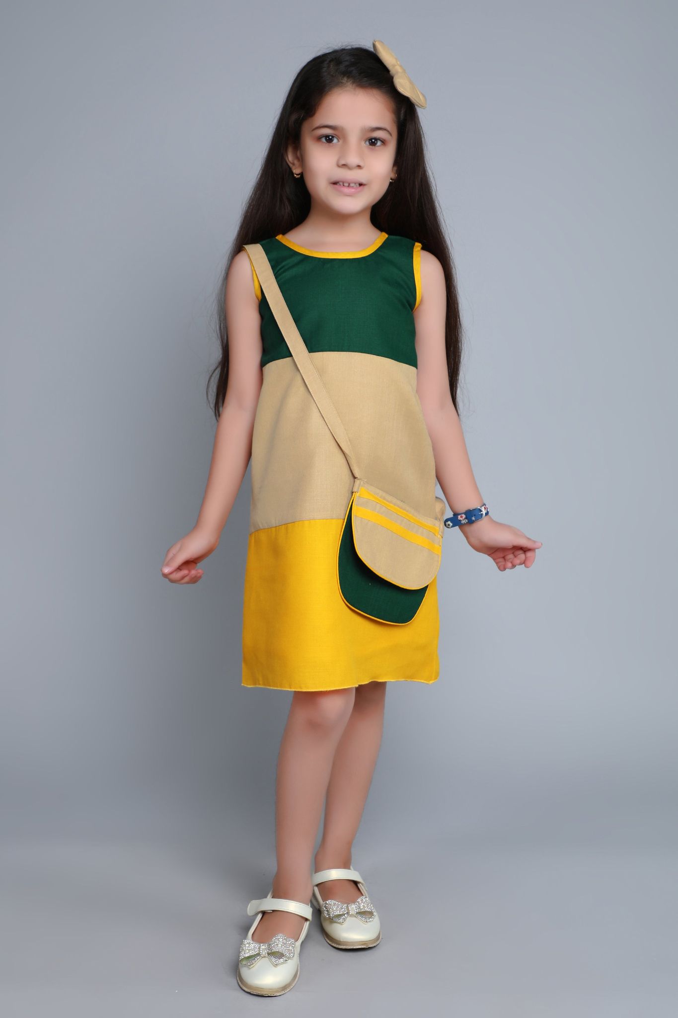 Colorblock Aline Dress with Sling and Matching Bow Clip -Yellow&Green-1-2Y / Yellow