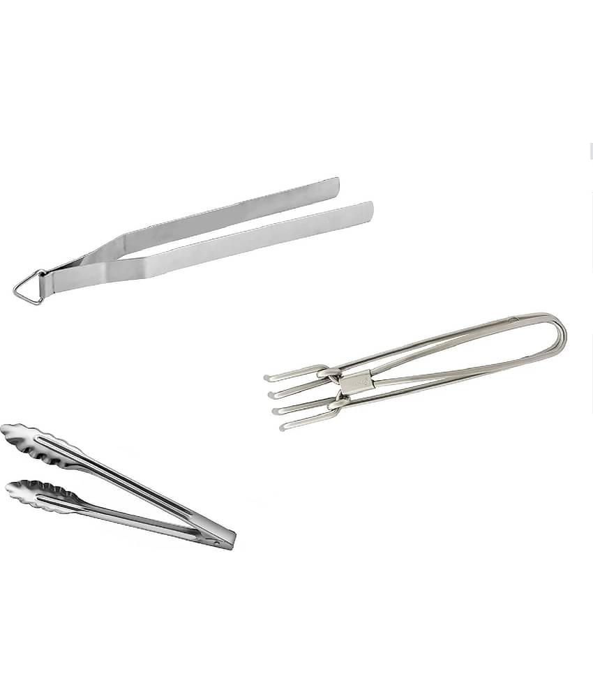 Dynore - Silver Stainless Steel Chimta pakkad and utility tong ( Set of 3 )