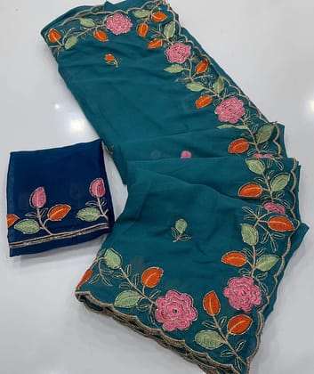 Star Georgette saree with embroidery work all over saree and beautiful  flower  design with cut work border.
