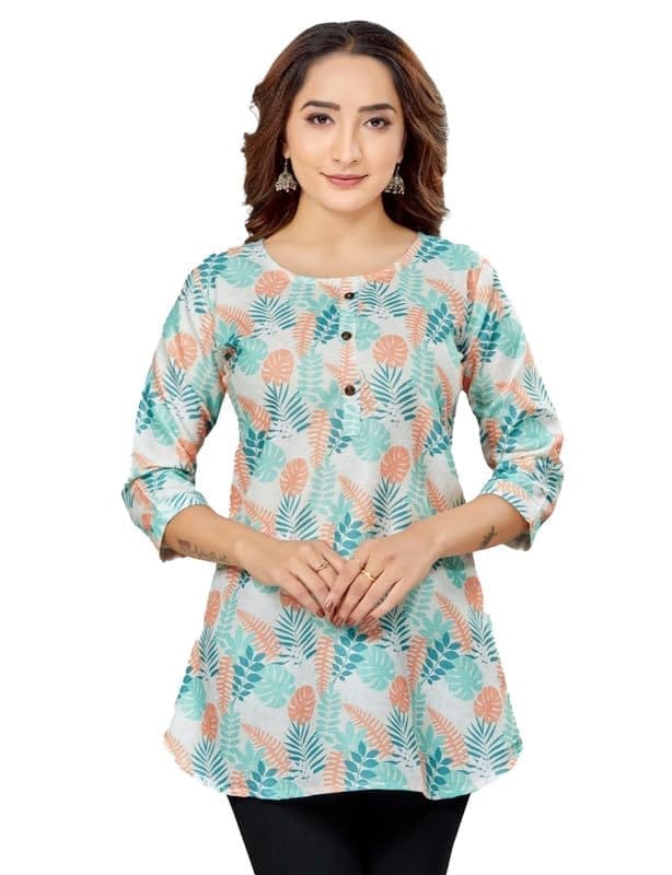 Women's Cotton Blend Round Neck 3/4 Sleeves Short Top (Cream, M)-PID56230