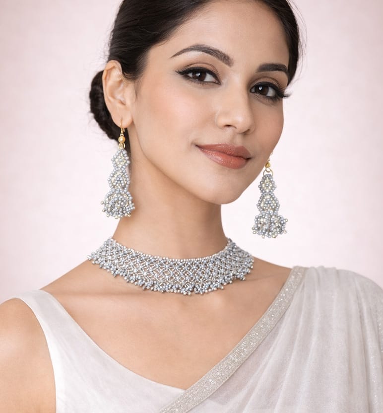 Handcrafted Jali Beaded Choker Necklace Set with Earrings