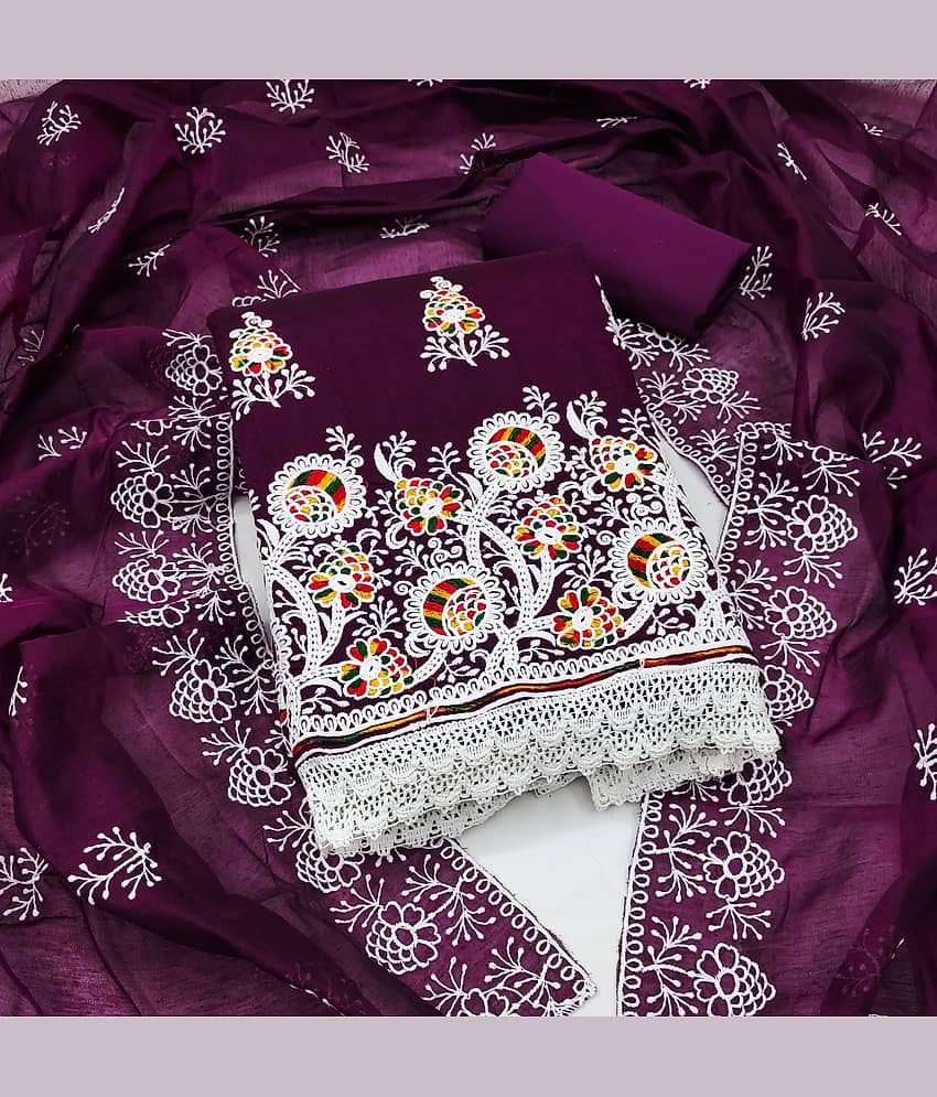 Rangtulika Ethnics Unstitched Cotton Blend Applique Dress Material - Purple ( Pack of 1 )