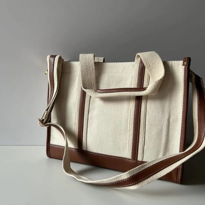 Casual Luxe: Two-Compartment Canvas Handbag-Beige