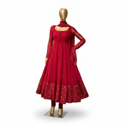 Women's Red Embroidered Anarkali Kurta Set