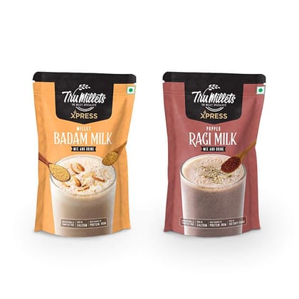 Trumillets Xpress - Healthy Millet Drink - Instant Mix 200 GRAMS Each | Nutrition for Adults (both Men and Women) and Kids- Health, Strength and Energy| No Preservatives| Gluten Free| Popped Ragi Milk & Badam Milk (Pack of 2)