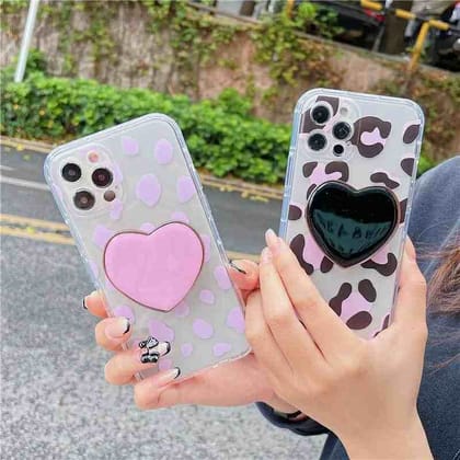 Leopard Heart Phone Holder Transparent Custom Slim Soft Cases-Black / With Pop Socket