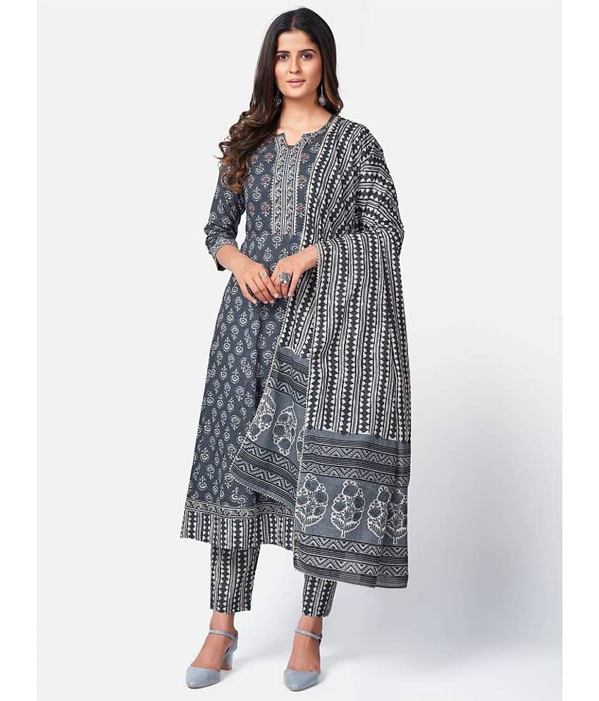 Vbuyz - Light Grey Anarkali Cotton Women's Stitched Salwar Suit ( Pack of 1 )