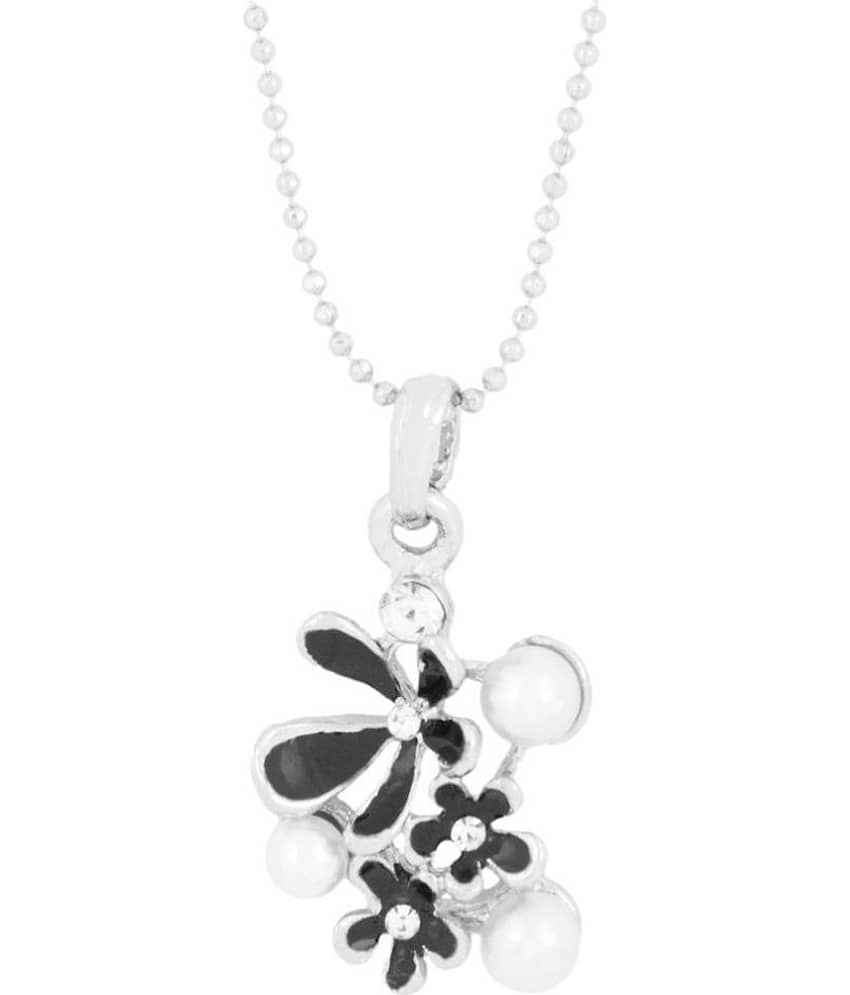 The Jewelbox Enamel CZ Flower Black Brass American Diamond Pearl Necklace Pendant Chain Set Girls Women