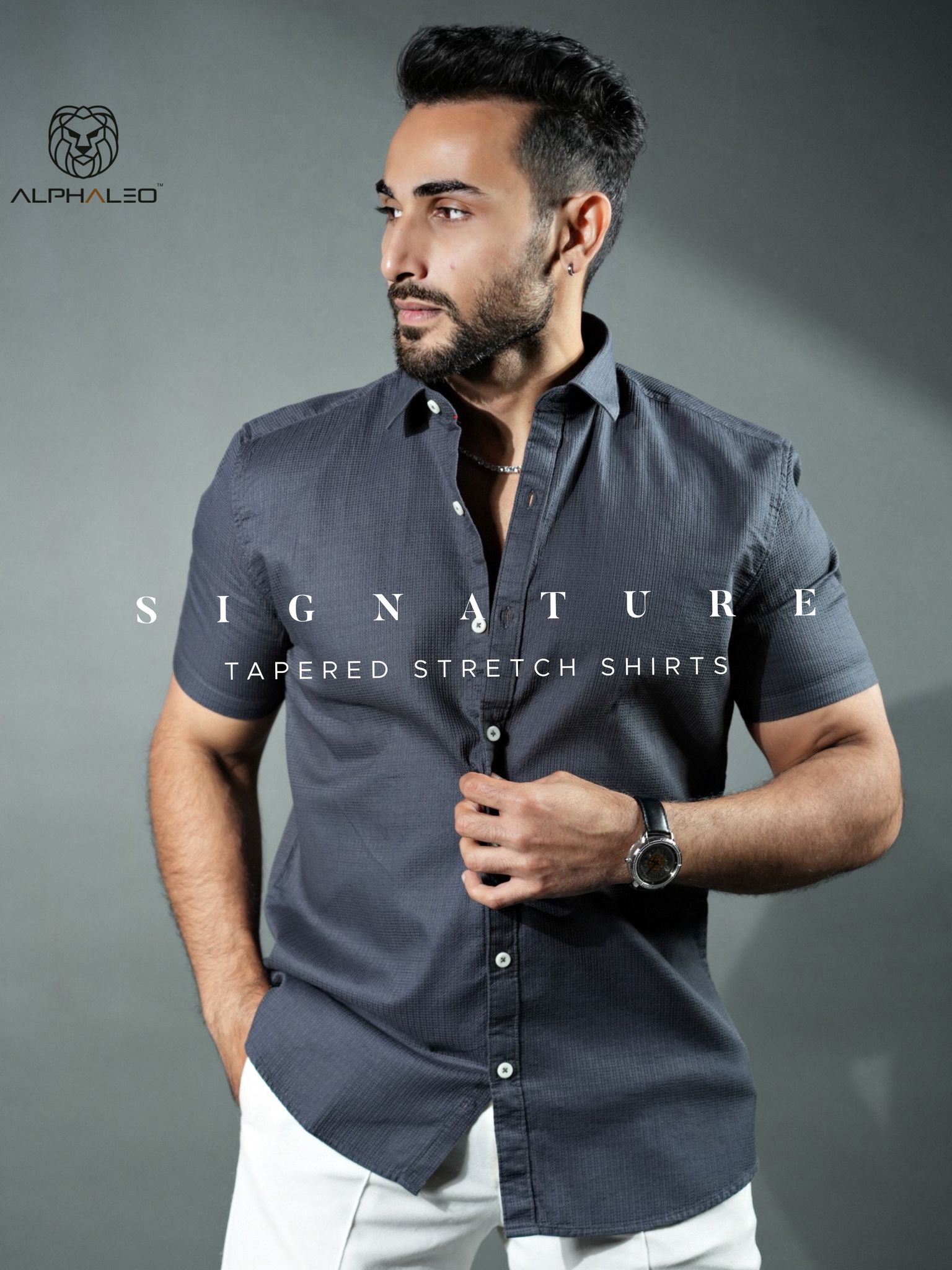 Signature Half Sleeves Tapered Stretch Shirt Dark Grey-Small / Dark Grey / Signature Half Sleeves Tapered Stretch Shirt