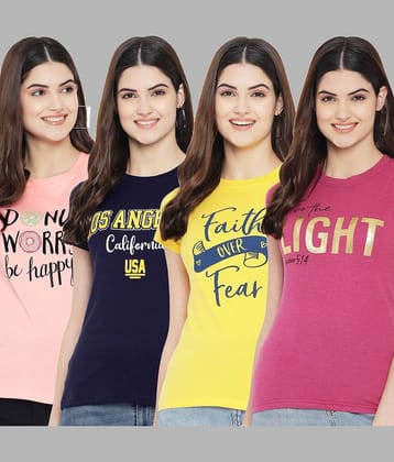 Fabflee Women Cotton Blend Printed Regular Fit Round Neck T-Shirt ( Multi Color )