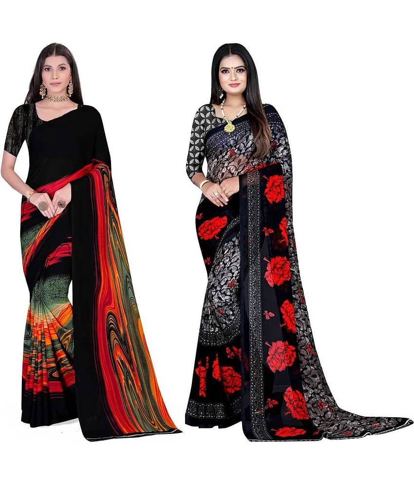 LEELAVATI Georgette Printed Saree With Unstitched Blouse Piece ( Black )