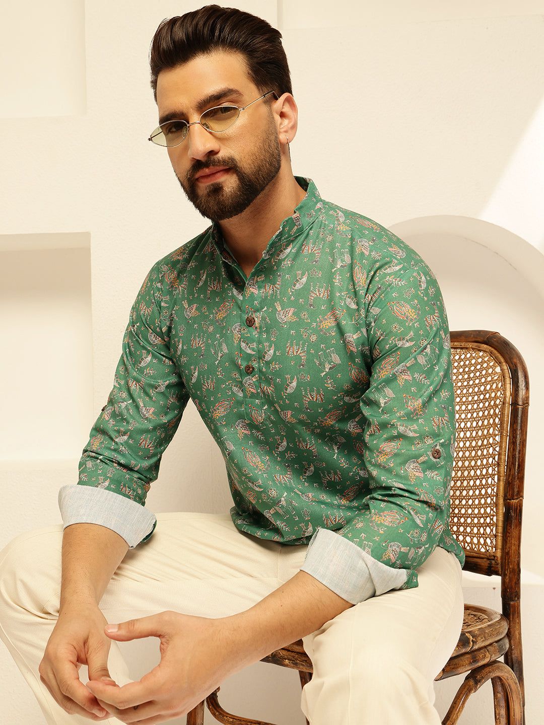 Men's Cotton Blend Printed Green Only Short Kurta-36