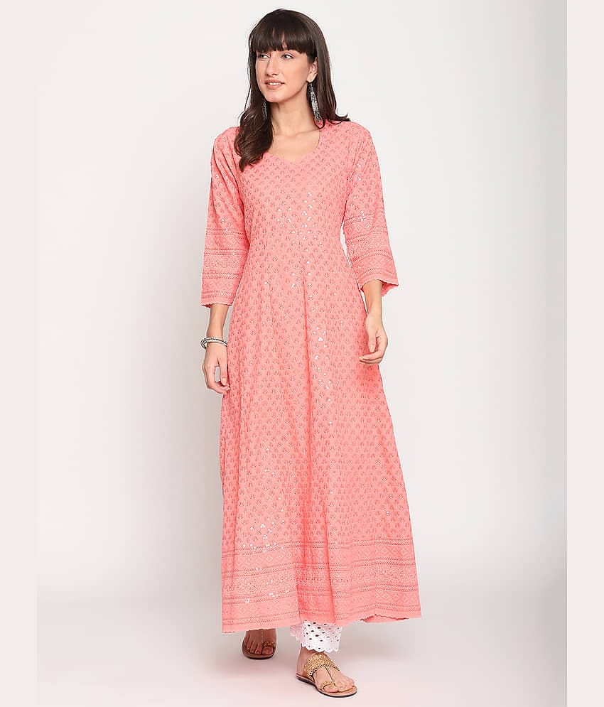 Queenley - Peach Cotton Women's Flared Kurti ( Pack of 1 )