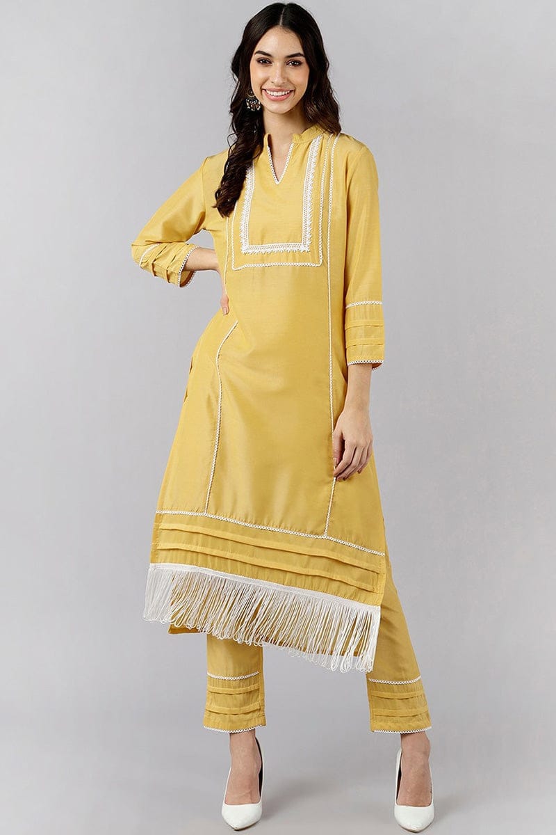 Yellow Poly Silk Solid Straight Kurta Set PKSET1119