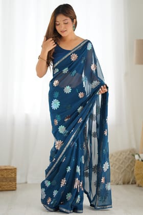 Teal Sequin Work Georgette Saree
