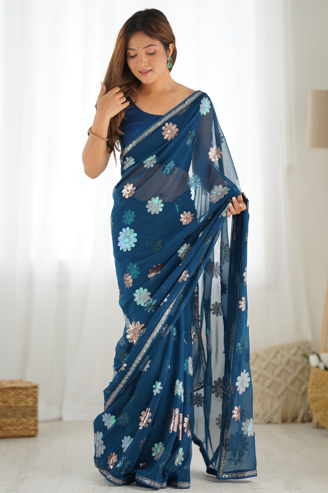 Teal Sequin Work Georgette Saree