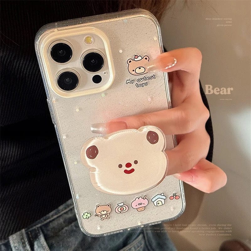 Cute Bling Glitter Transparent Bear Phone Holder iPhone Case-iPhone 14 Pro