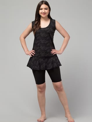 Womens Polyester Spandex Printed Slip On Round Neck Swimsuit Set Size L (Black)