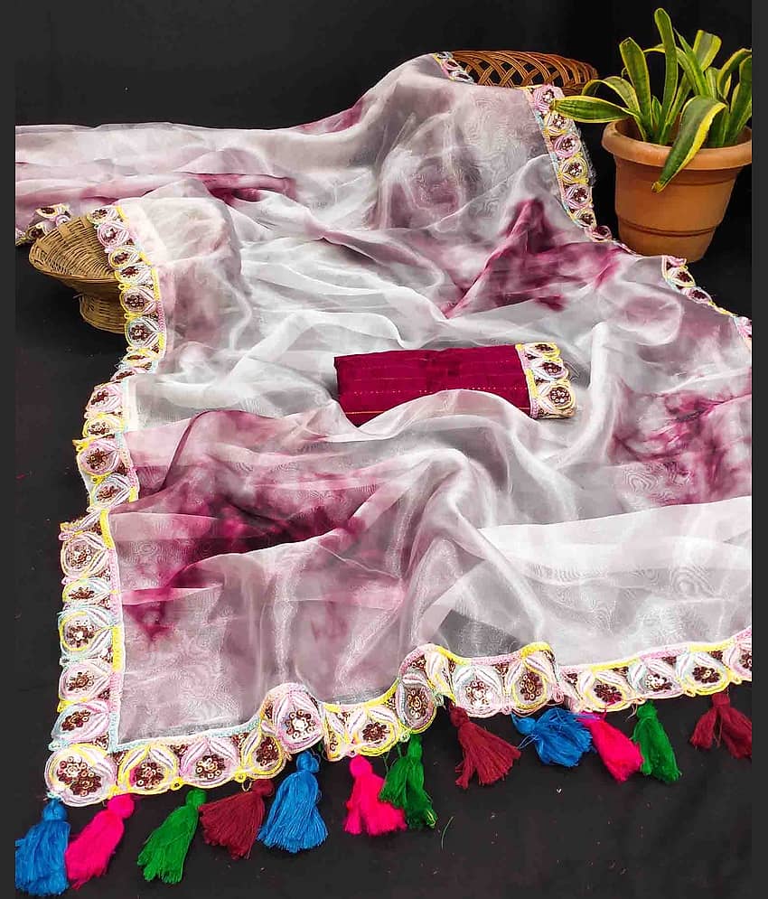 BAYUPRI Organza Embellished Saree With Unstitched Blouse Piece ( White,Pink )