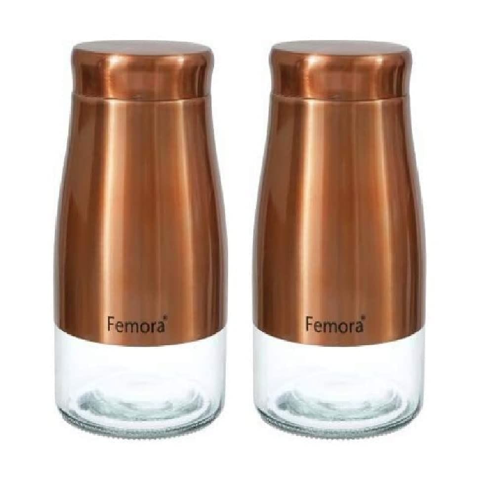 Femora Clear Glass Gold Metallic Steel Glass Jars Tea Sugar Jar Container Cereal, Spices, Pulses Container Spice Jar for Kitchen Storage Jars for Kitchen Storage, 900 ml/gm, Free Replacement of Lids
