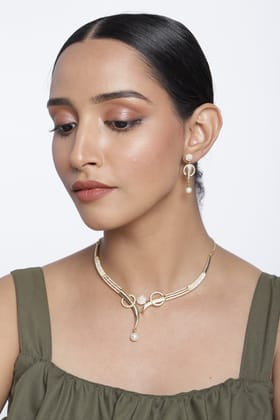 Gold-Tone Swirl & Pearl Necklace and Earring Set with Sparkling Accents